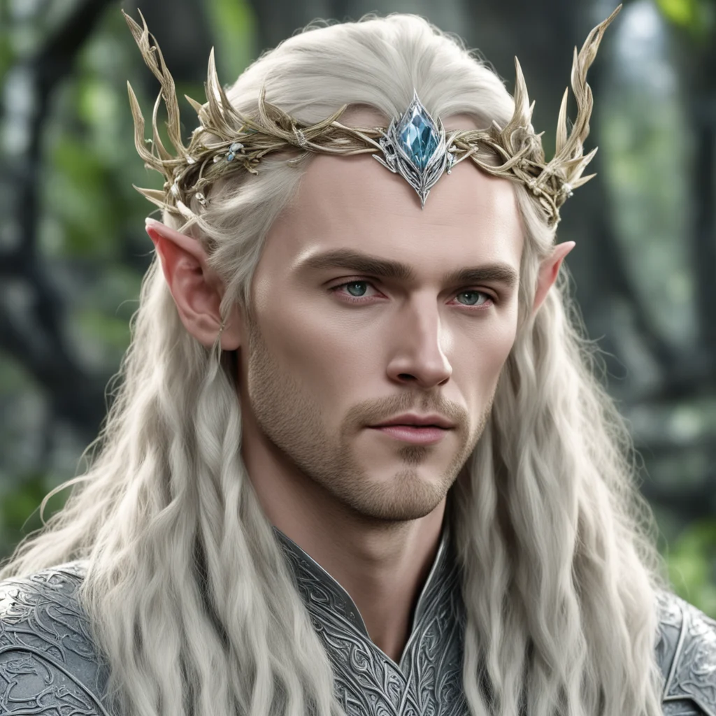 aiking thranduil with blond hair with braids wearing silver twig and diamond berry elvish circlet with large center diamond  amazing awesome portrait 2