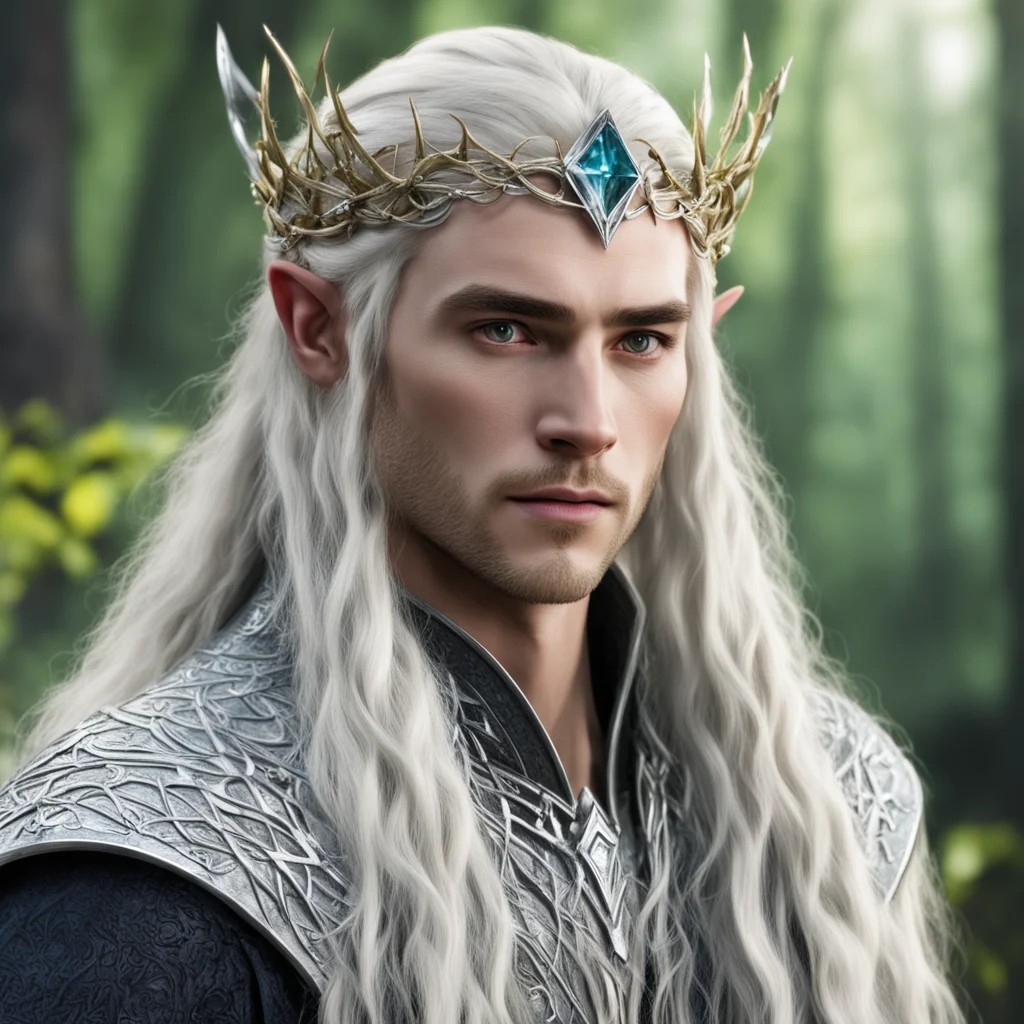 aiking thranduil with blond hair with braids wearing silver twig and diamond berry elvish circlet with large center diamond  confident engaging wow artstation art 3