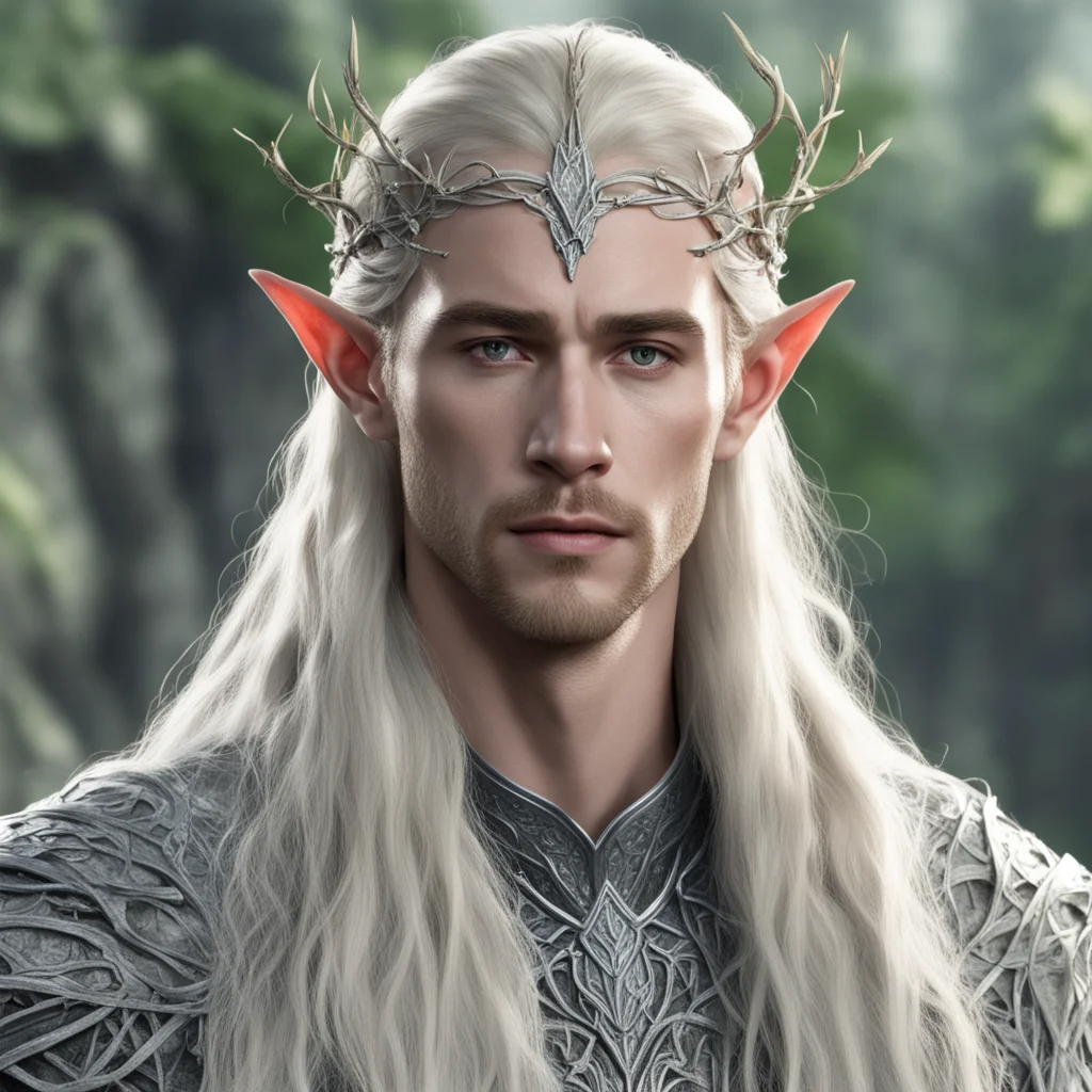 aiking thranduil with blond hair with braids wearing silver twig and diamond berry elvish circlet with large center diamond  good looking trending fantastic 1