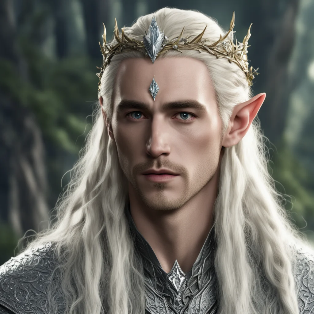 aiking thranduil with blond hair with braids wearing silver twig and diamond berry elvish circlet with large center diamond 