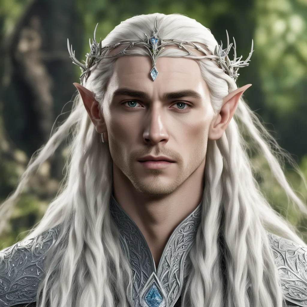 aiking thranduil with blond hair with braids wearing silver twig and diamond berry elvish circlet with large center diamond amazing awesome portrait 2