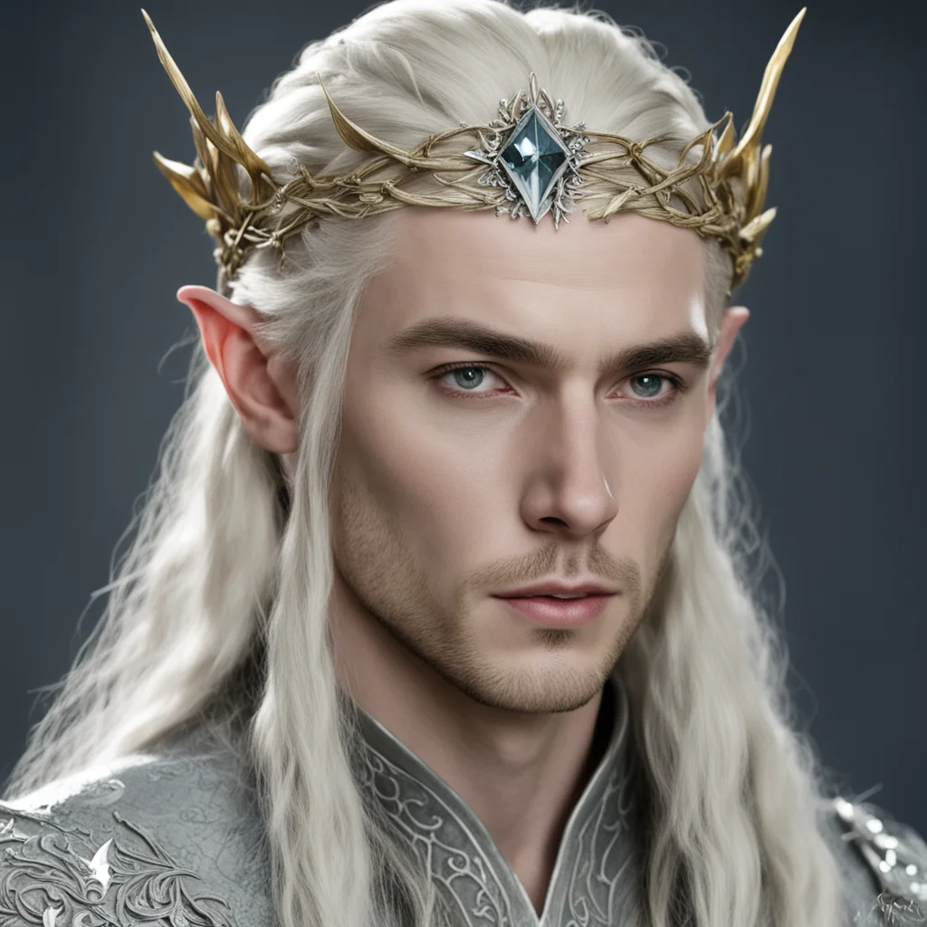 aiking thranduil with blond hair with braids wearing silver twig and diamond berry elvish circlet with large center diamond