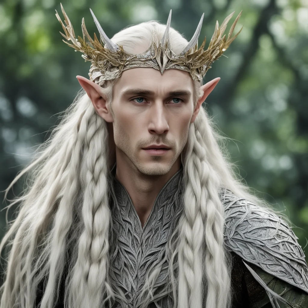 king thranduil with blond hair with braids wearing silver twig and leaf wood elf circlet encrusted with diamons amazing awesome portrait 2