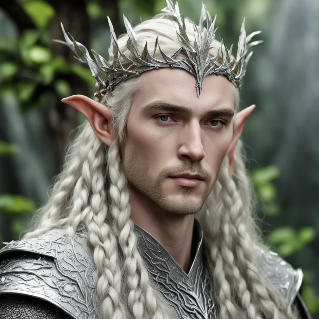 aiking thranduil with blond hair with braids wearing silver twig and leaf wood elf circlet encrusted with diamons confident engaging wow artstation art 3