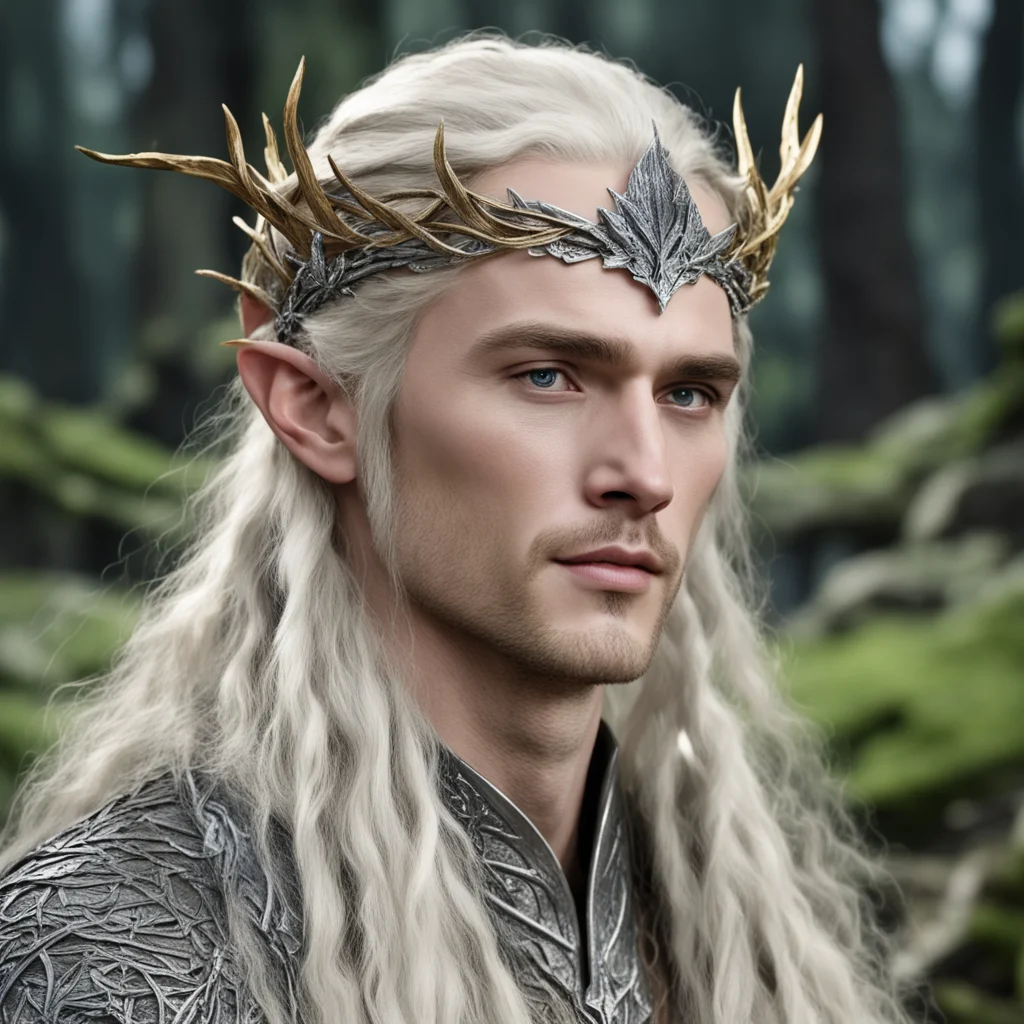 king thranduil with blond hair with braids wearing silver twig and leaf wood elf circlet encrusted with diamons good looking trending fantastic 1