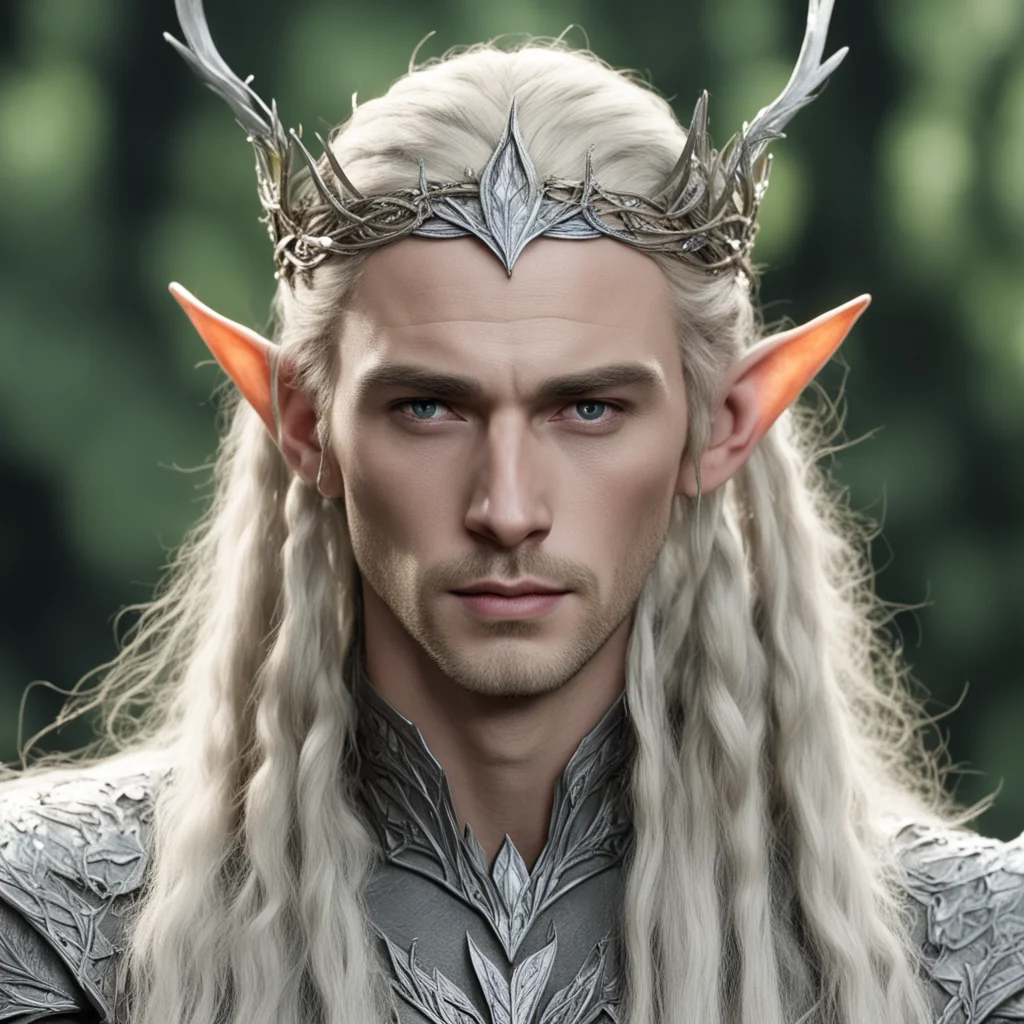 aiking thranduil with blond hair with braids wearing silver twig and leaf wood elf circlet encrusted with diamons