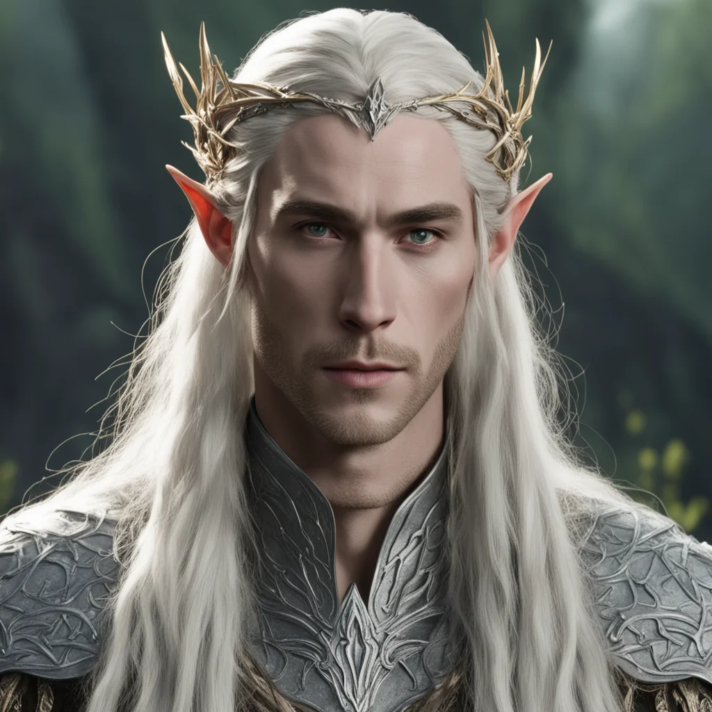 aiking thranduil with blond hair with braids wearing silver twig elvish circlet with large diamond at center