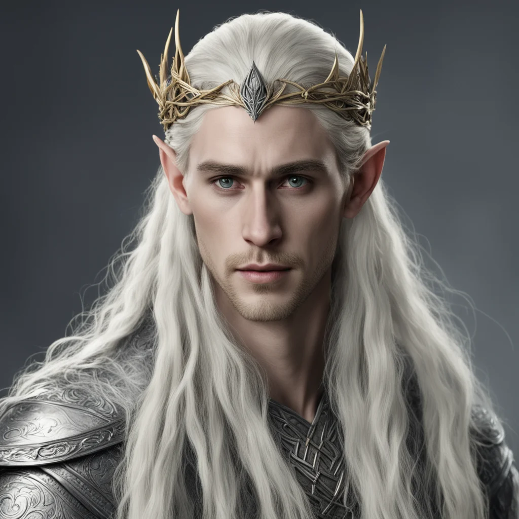 aiking thranduil with blond hair with braids wearing silver twig elvish circlet with large dianonds