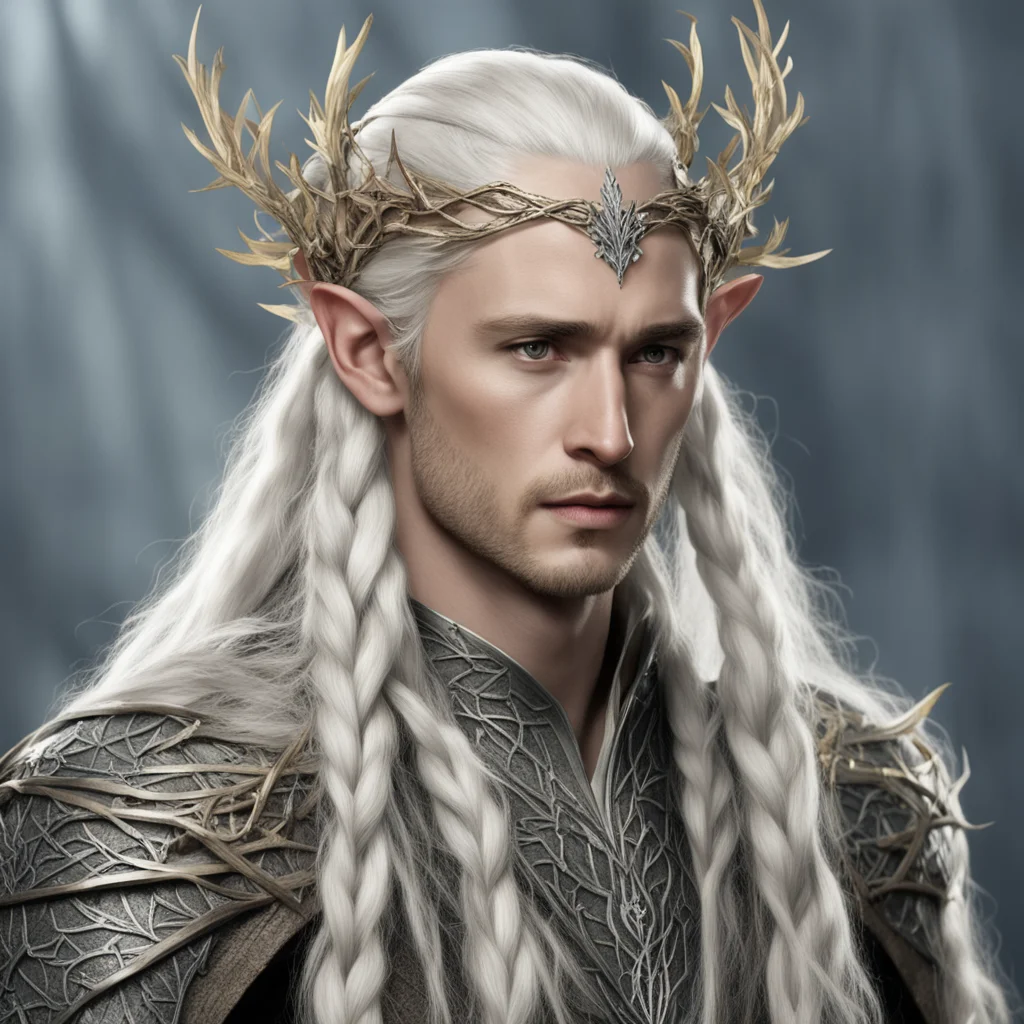 aiking thranduil with blond hair with braids wearing silver twigs and leaf wood elvish circlet with diamonds amazing awesome portrait 2