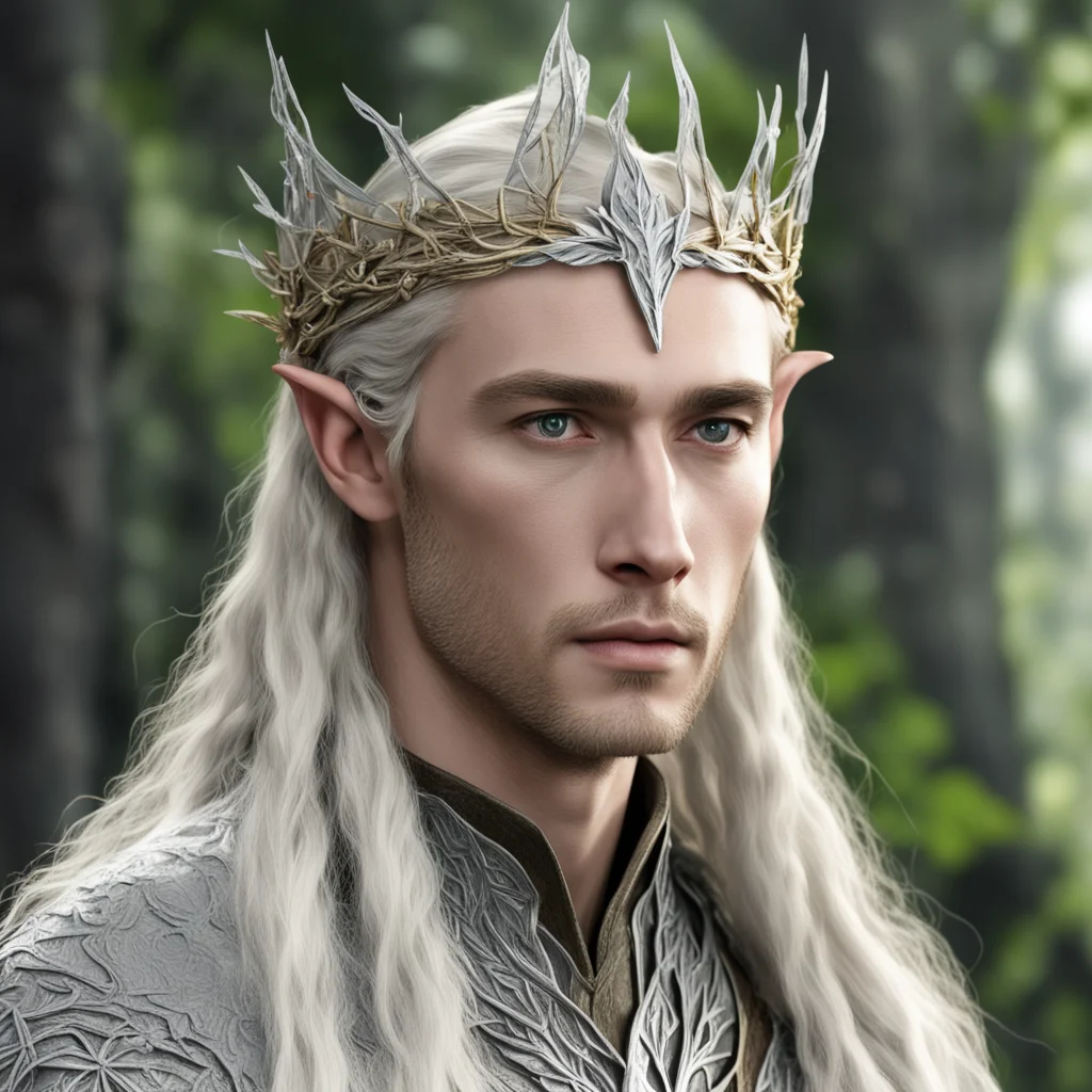 aiking thranduil with blond hair with braids wearing silver twigs and leaf wood elvish circlet with diamonds good looking trending fantastic 1