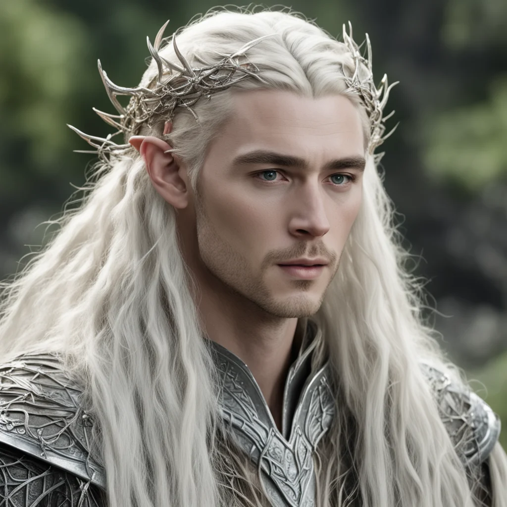 aiking thranduil with blond hair with braids wearing silver twigs intertwined elvish circlet with diamonds amazing awesome portrait 2