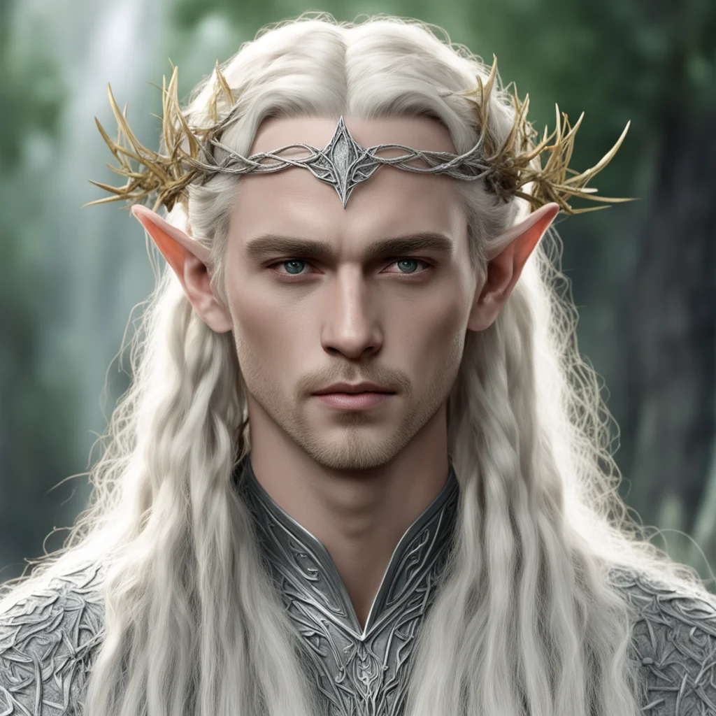 aiking thranduil with blond hair with braids wearing silver twigs intertwined elvish circlet with diamonds confident engaging wow artstation art 3
