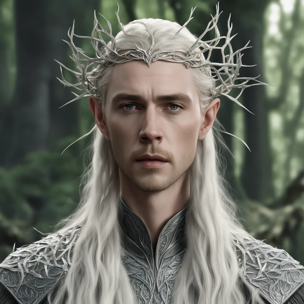 aiking thranduil with blond hair with braids wearing silver twigs intertwined elvish circlet with diamonds good looking trending fantastic 1