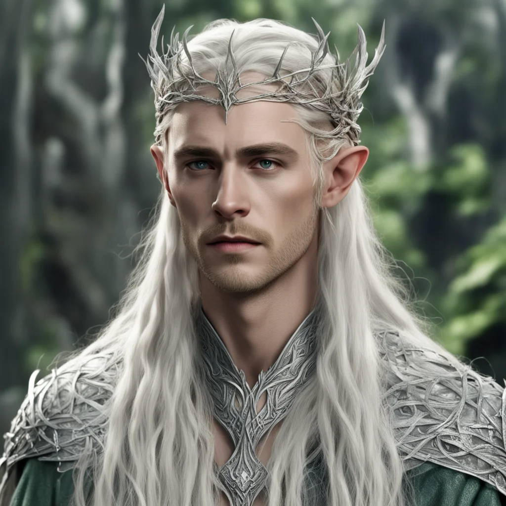 aiking thranduil with blond hair with braids wearing silver twigs intertwined elvish circlet with diamonds