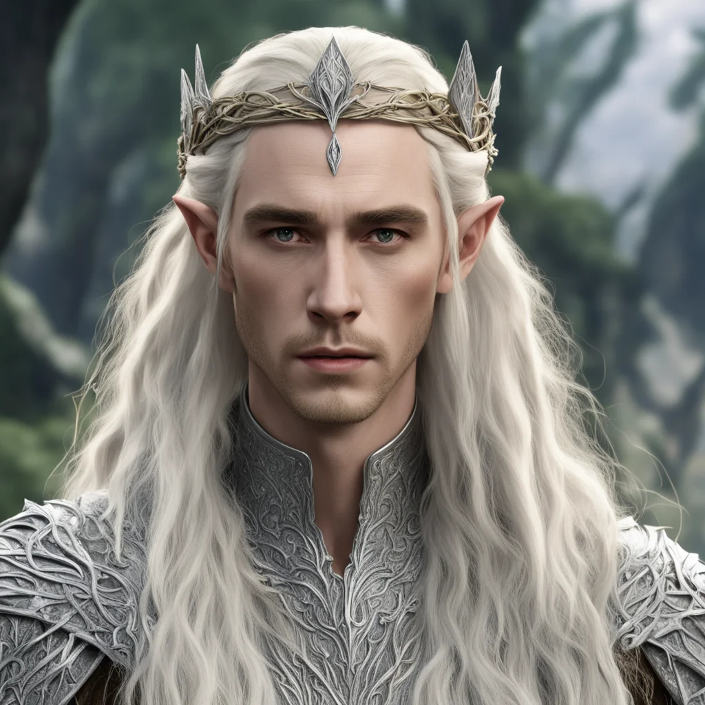 aiking thranduil with blond hair with braids wearing silver vines intertwined elven circlet with diamonds 