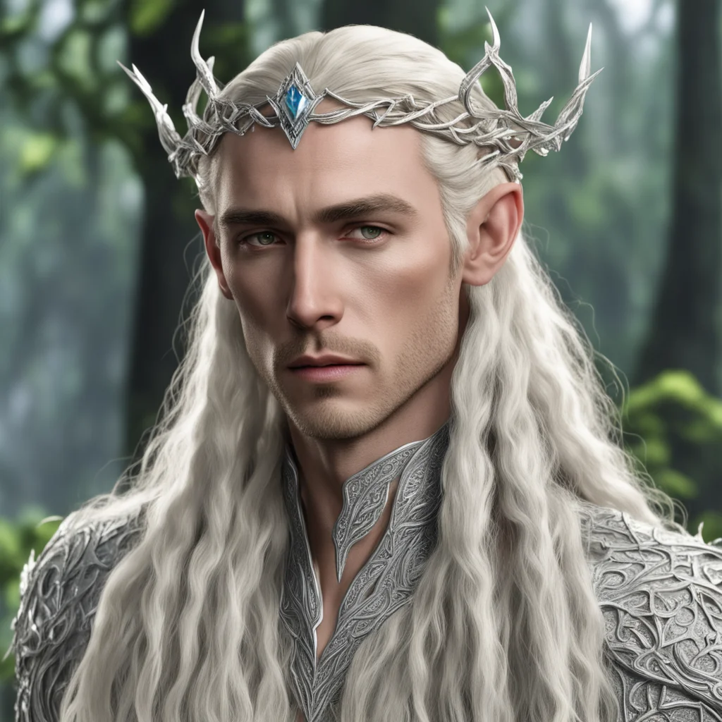 aiking thranduil with blond hair with braids wearing silver vines intertwined elven circlet with diamonds and large center diamond good looking trending fantastic 1