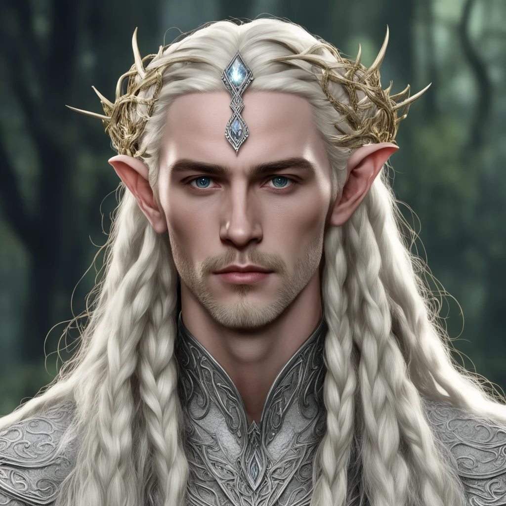 aiking thranduil with blond hair with braids wearing silver vines intertwined elven circlet with diamonds and large center diamond