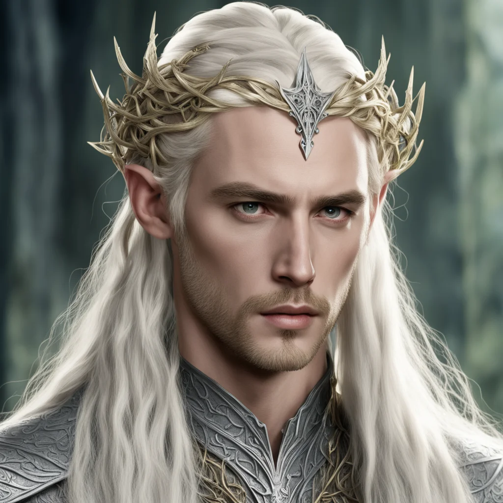 aiking thranduil with blond hair with braids wearing silver vines intertwined elven circlet with diamonds good looking trending fantastic 1