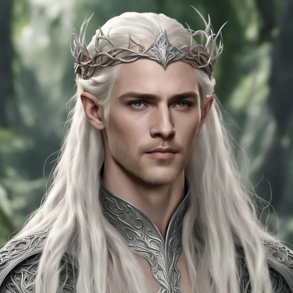 aiking thranduil with blond hair with braids wearing silver vines intertwined elven circlet with diamonds