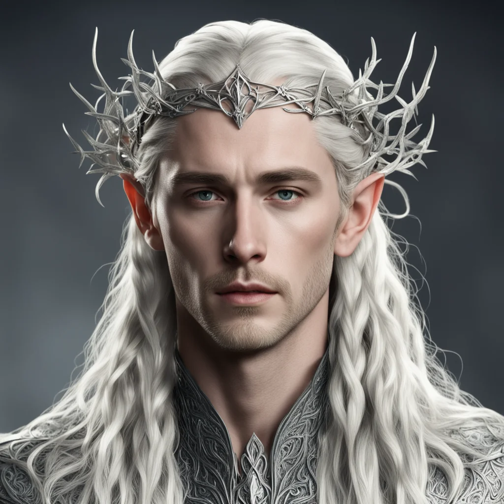 king thranduil with blond hair with braids wearing silver vines interwoven into silver elvish circlet with diamonds