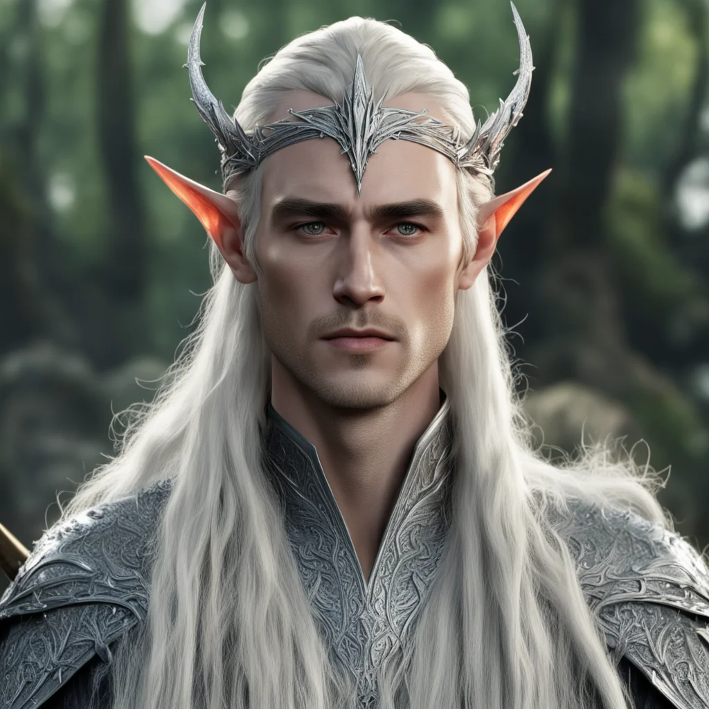 aiking thranduil with blond hair with braids wearing silver wood elf circlet encrusted with diamonds 