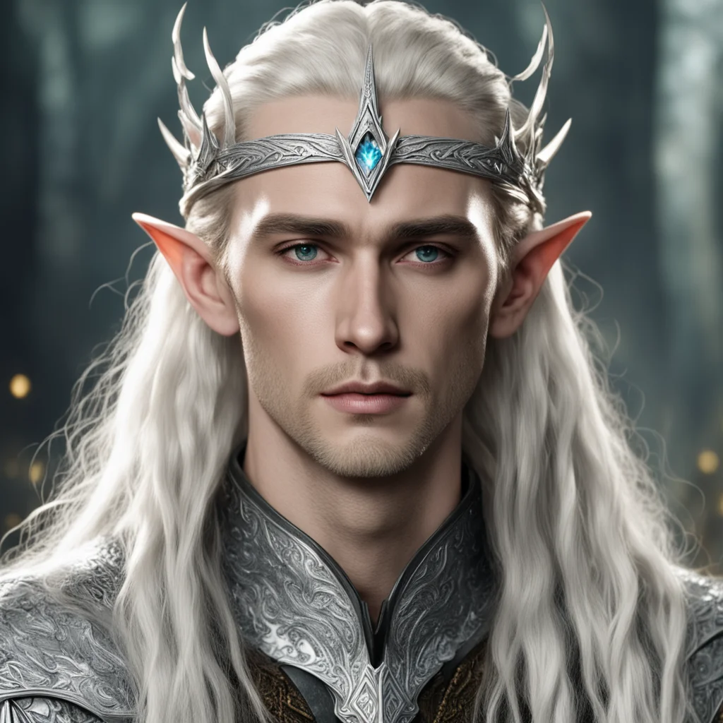 aiking thranduil with blond hair with braids wearing silver wood elf circlet encrusted with diamonds and large center diamond amazing awesome portrait 2