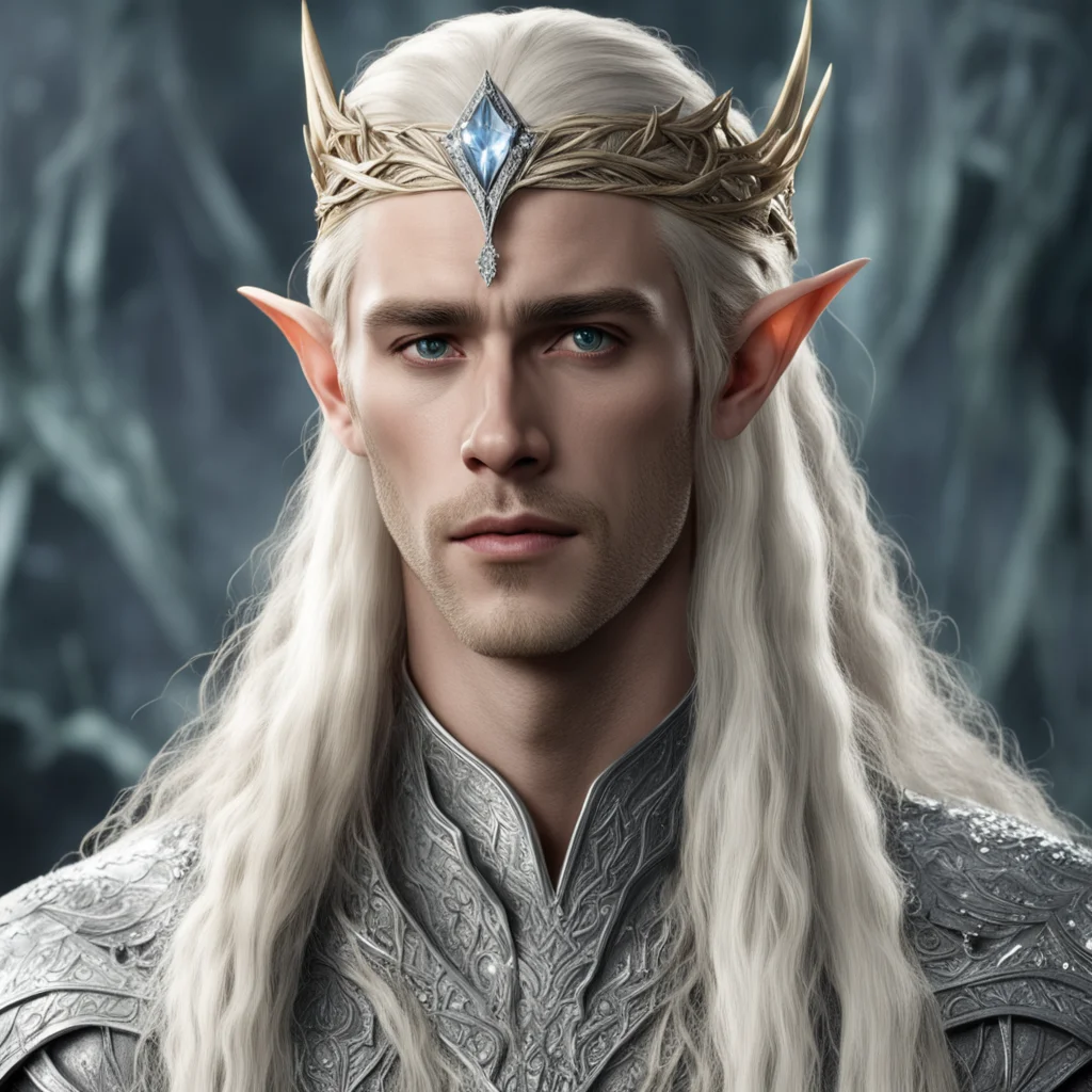 aiking thranduil with blond hair with braids wearing silver wood elf circlet encrusted with diamonds and large center diamond confident engaging wow artstation art 3