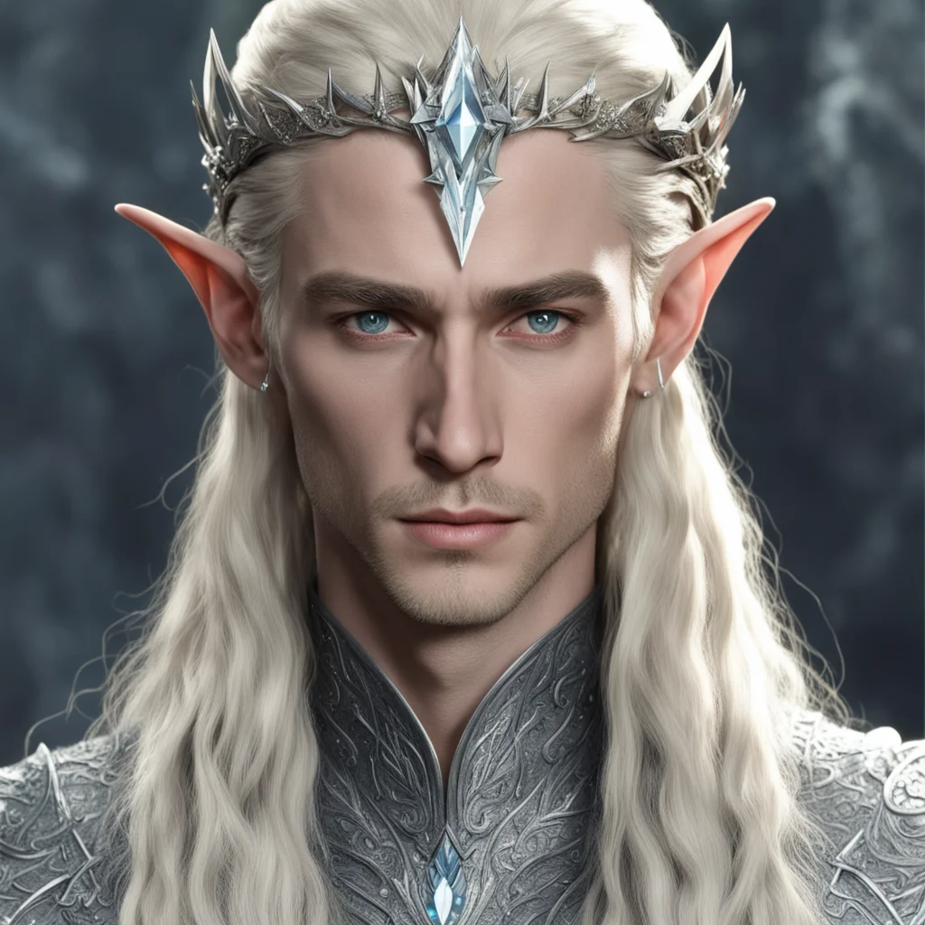 king thranduil with blond hair with braids wearing silver wood elf circlet encrusted with diamonds and large center diamond good looking trending fantastic 1