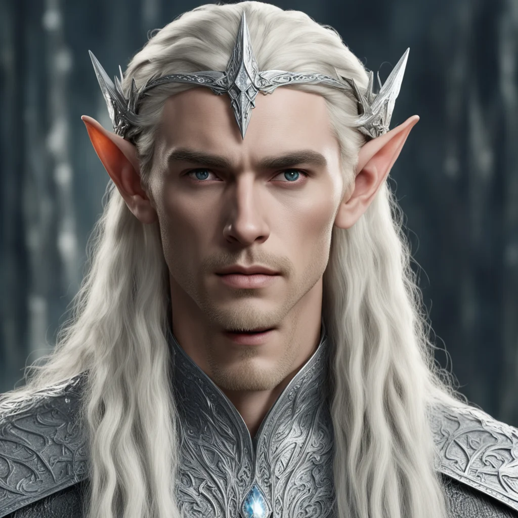 aiking thranduil with blond hair with braids wearing silver wood elf circlet encrusted with diamonds and large center diamond