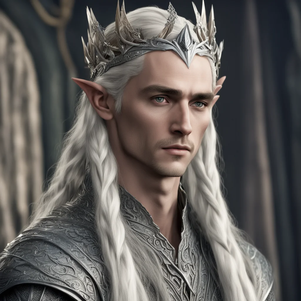 aiking thranduil with blond hair with braids wearing silver wood elf coronet with large diamonds amazing awesome portrait 2