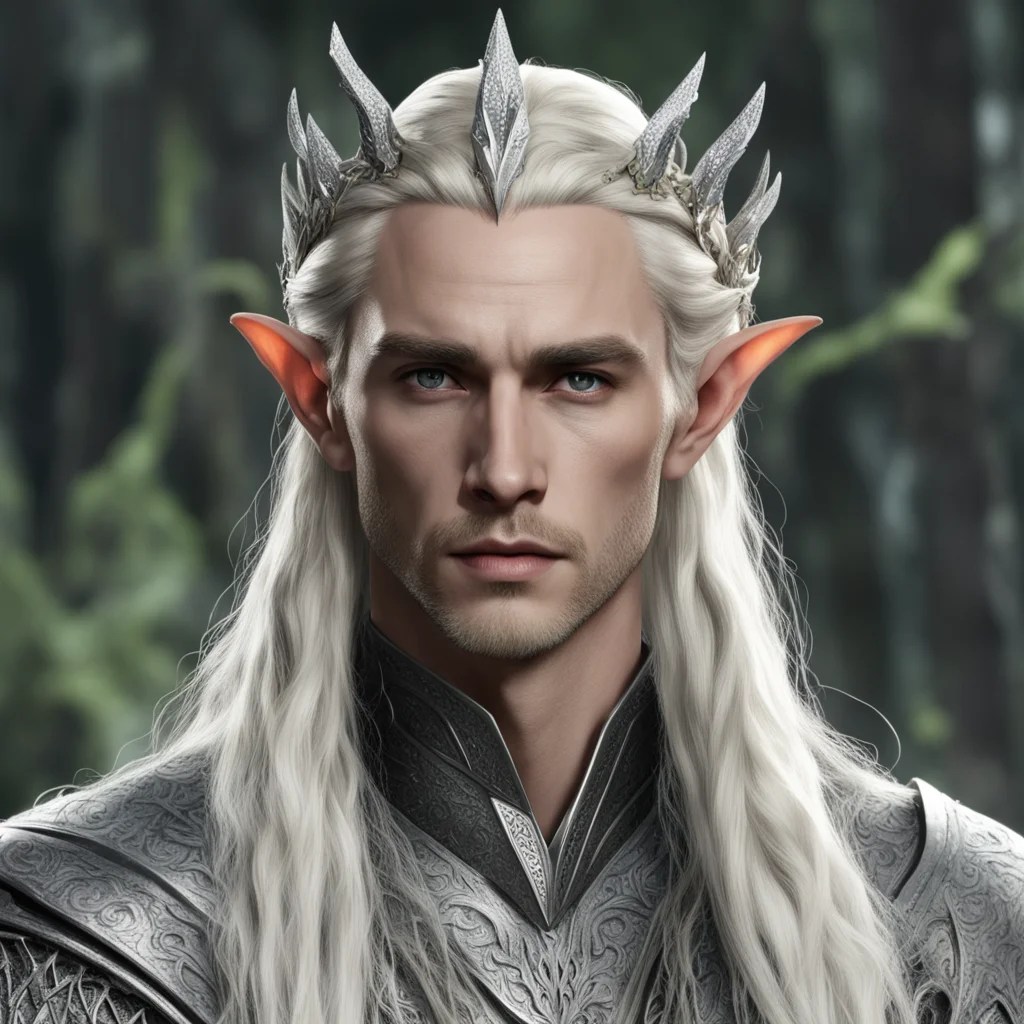 aiking thranduil with blond hair with braids wearing silver wood elf coronet with large diamonds good looking trending fantastic 1