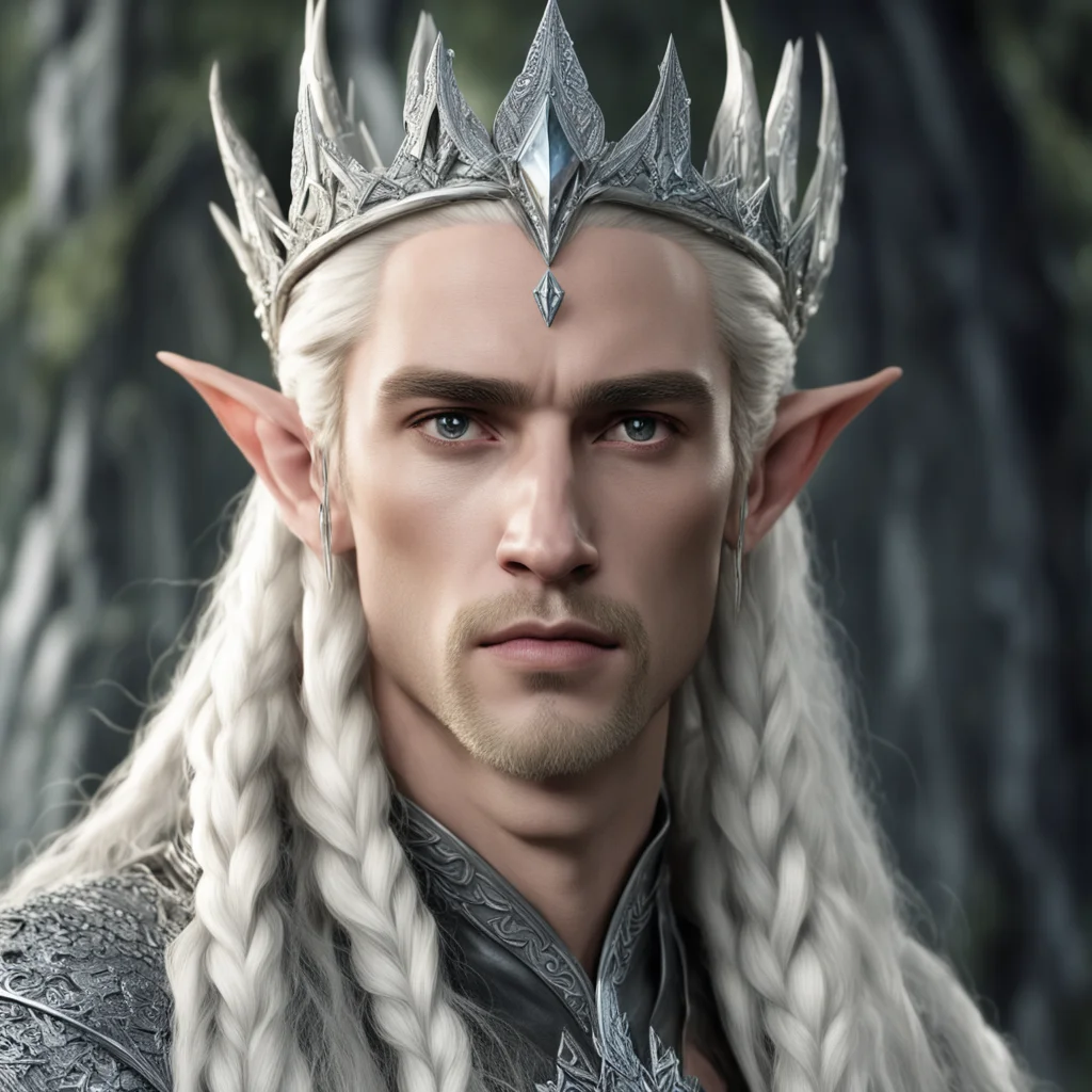 aiking thranduil with blond hair with braids wearing silver wood elf coronet with large diamonds
