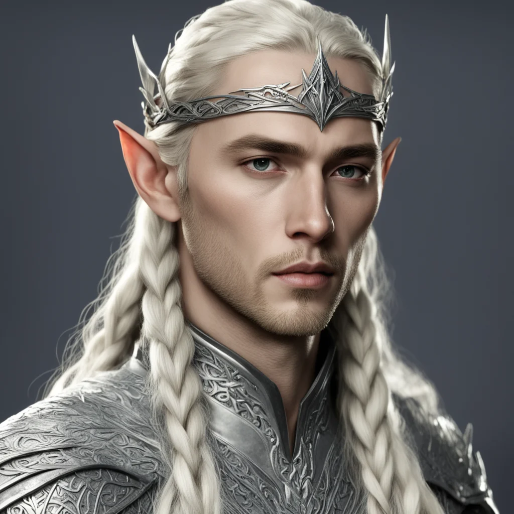aiking thranduil with blond hair with braids wearing silver wood elvish circlet with diamonds wearing silver elvish armor  amazing awesome portrait 2