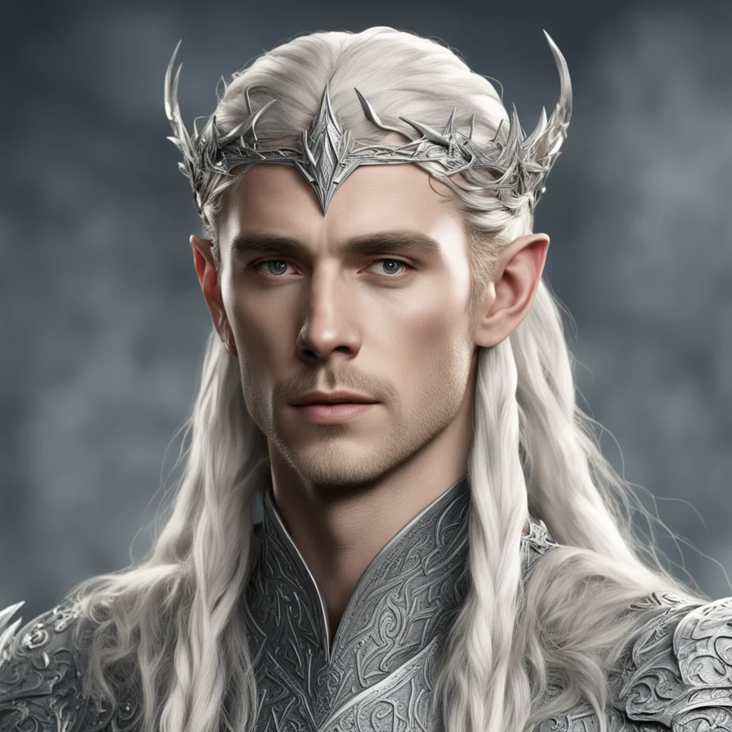 aiking thranduil with blond hair with braids wearing silver wood elvish circlet with diamonds wearing silver elvish armor 