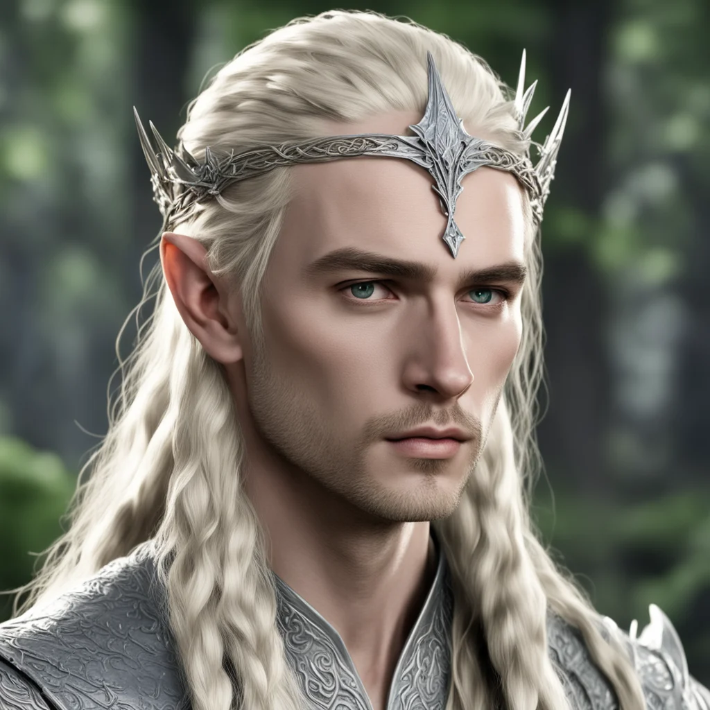 aiking thranduil with blond hair with braids wearing silver woodland elvish circlet with diamonds