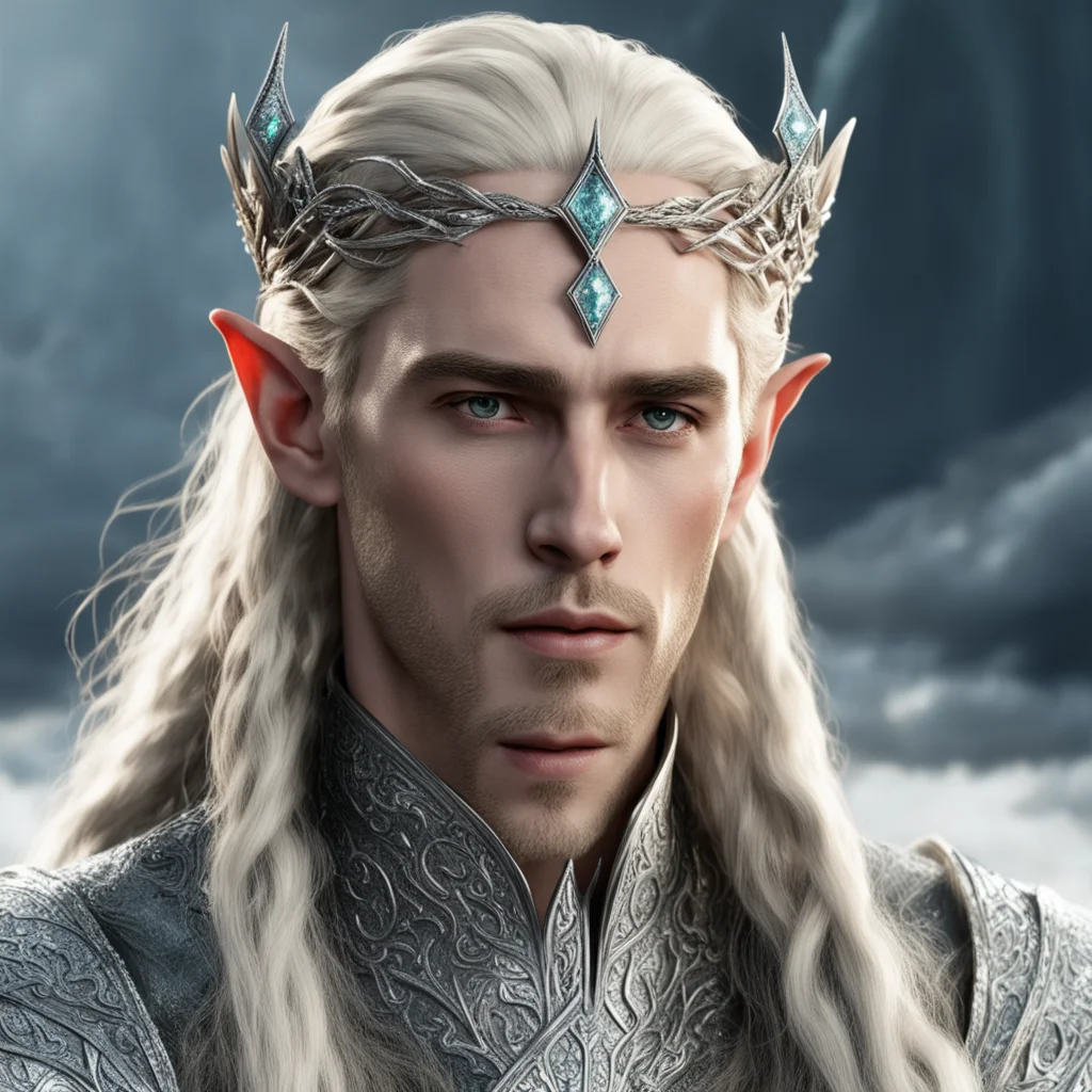 aiking thranduil with blond hair with braids wearing small silver elvish circlet heavily encrusted with large dimonds good looking trending fantastic 1