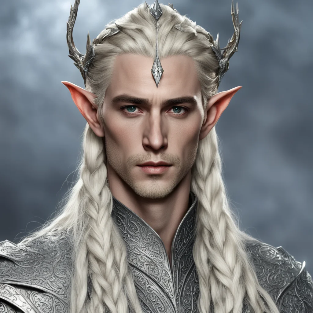 aiking thranduil with blond hair with braids wearing small silver elvish circlet heavily encrusted with large dimonds
