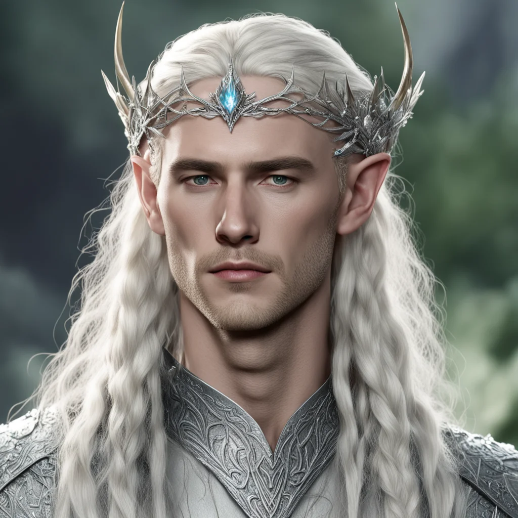 aiking thranduil with blond hair with braids wearing small silver elvish circlet with silver holly leaf and encrusted with large diamonds with large center diamond amazing awesome portrait 2