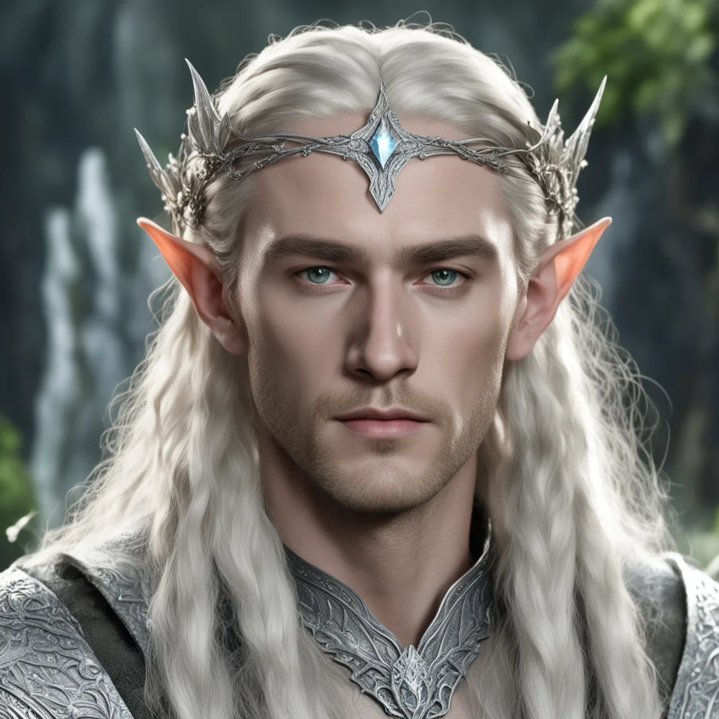 aiking thranduil with blond hair with braids wearing small silver elvish circlet with silver holly leaf and encrusted with large diamonds with large center diamond