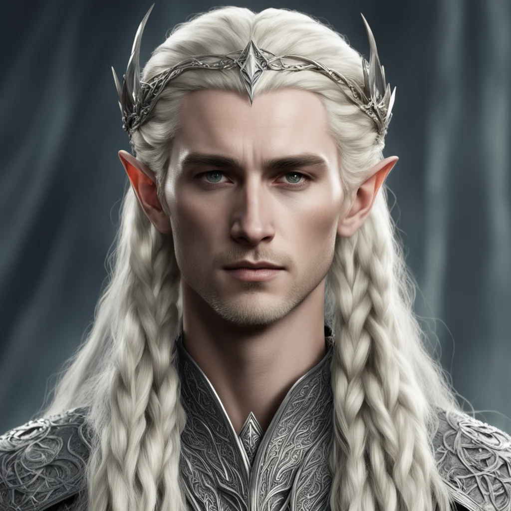 aiking thranduil with blond hair with braids wearing small silver snake intertwined elven circlet studded with diamonds confident engaging wow artstation art 3
