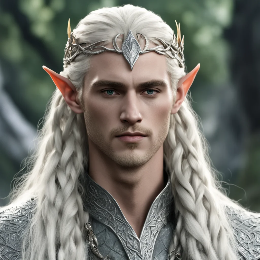 aiking thranduil with blond hair with braids wearing small silver snake intertwined elven circlet studded with diamonds
