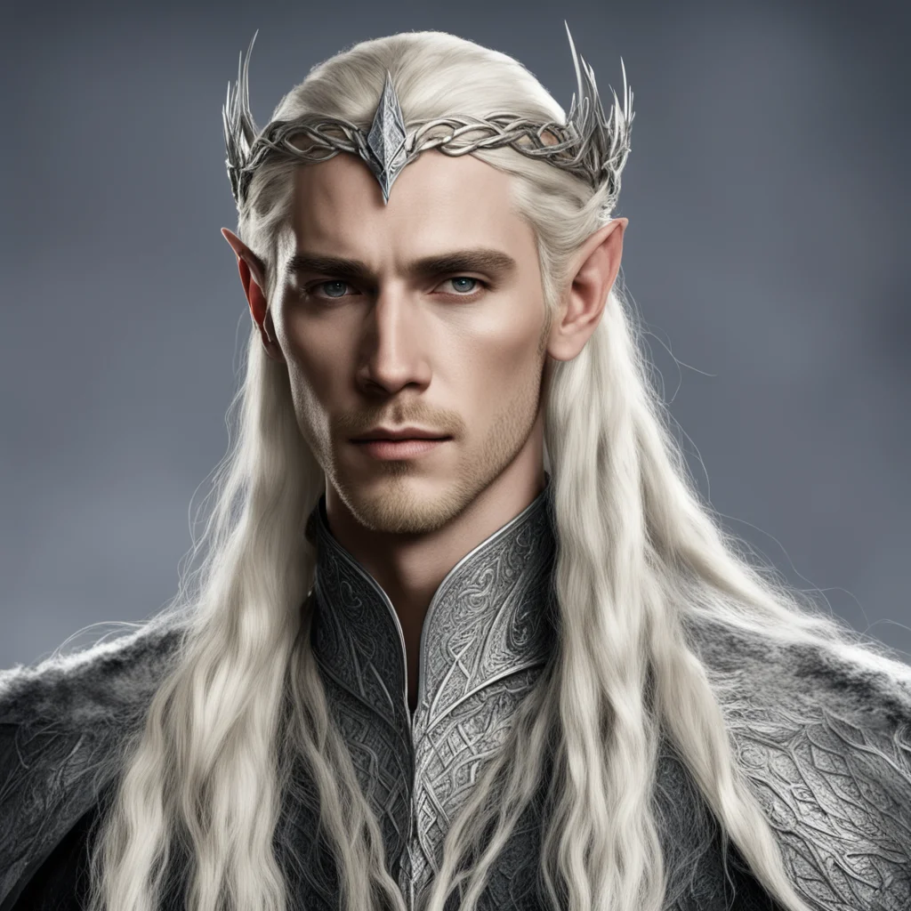 aiking thranduil with blond hair with braids wearing small silver snake intertwined elven circlet together with diamonds 