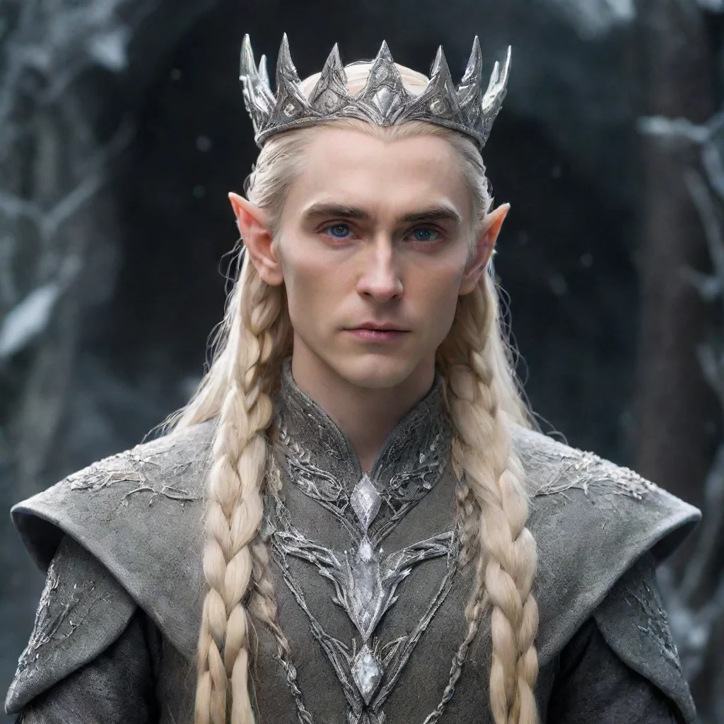 king thranduil with blonde hair and braids wearing silver elk figurines encrusted with diamonds forming a silver elvish circlet with large center diamond 