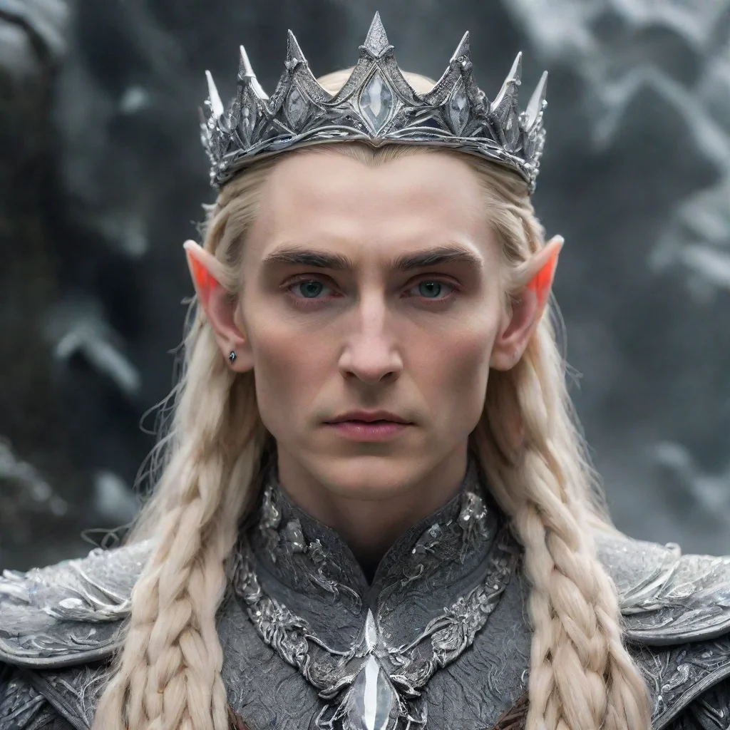 king thranduil with blonde hair and braids wearing silver elk figurines encrusted with diamonds forming a silver elvish coronet with large center diamond 