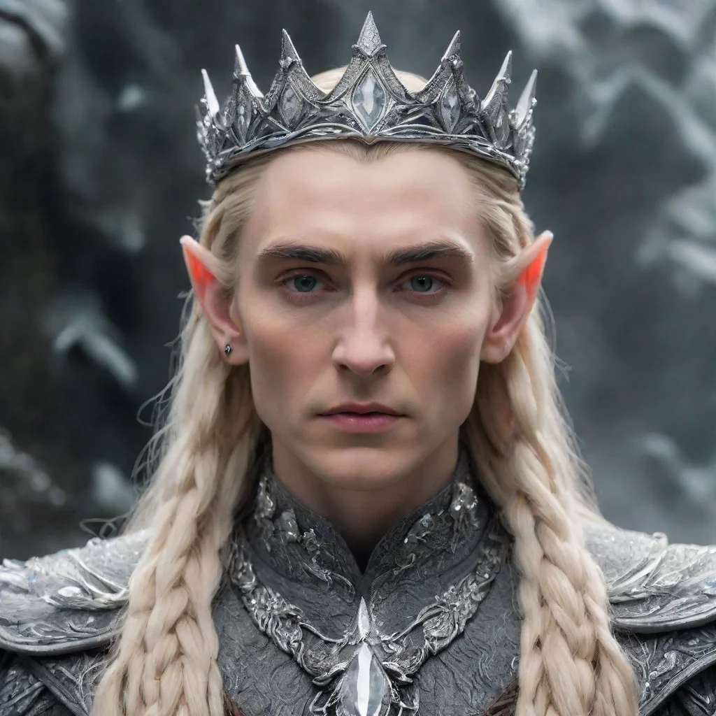 aiking thranduil with blonde hair and braids wearing silver elk figurines encrusted with diamonds forming a silver elvish coronet with large center diamond 