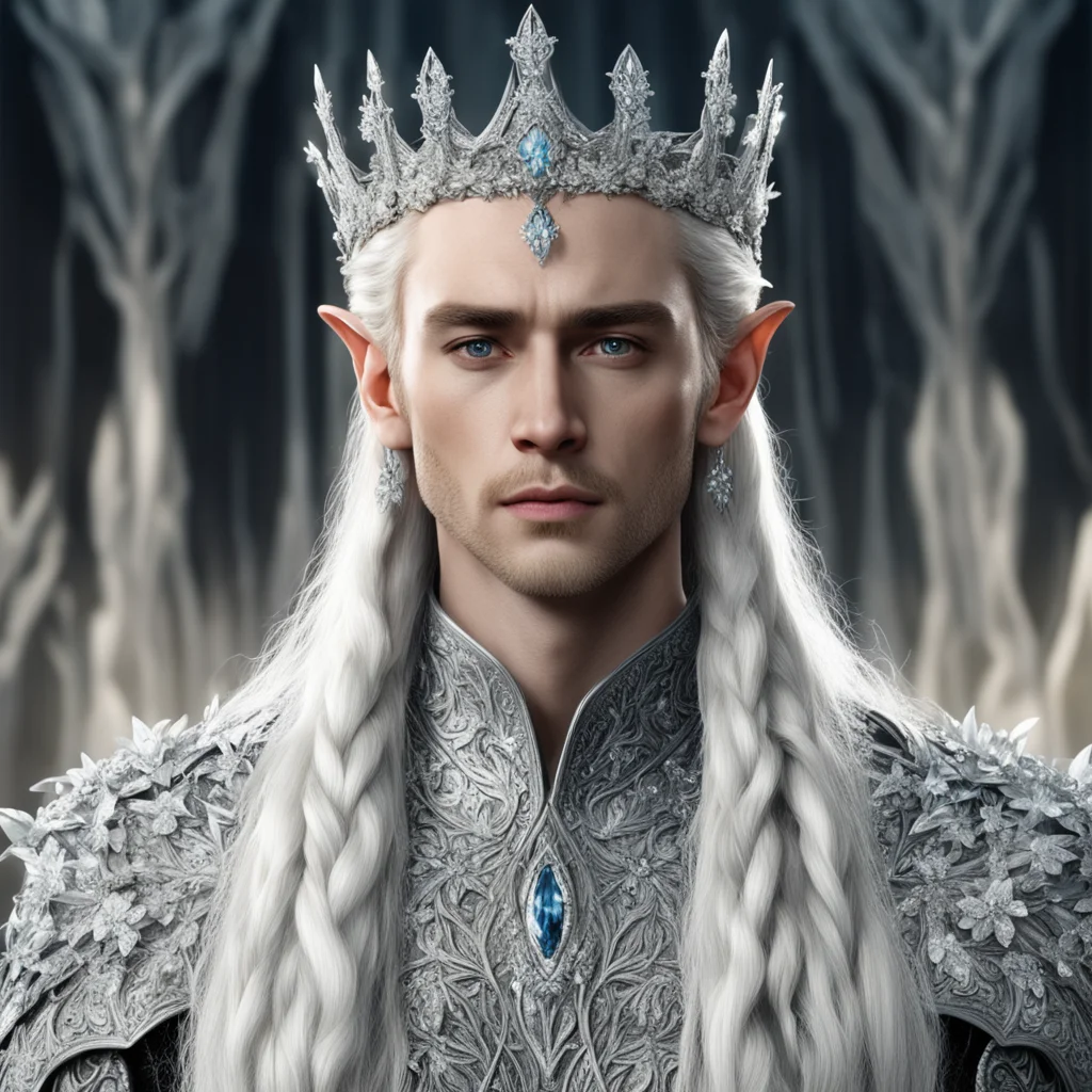 aiking thranduil with blonde hair and braids wearing silver flowers encrusted with diamonds forming a silver elvish crown with large center diamond  amazing awesome portrait 2