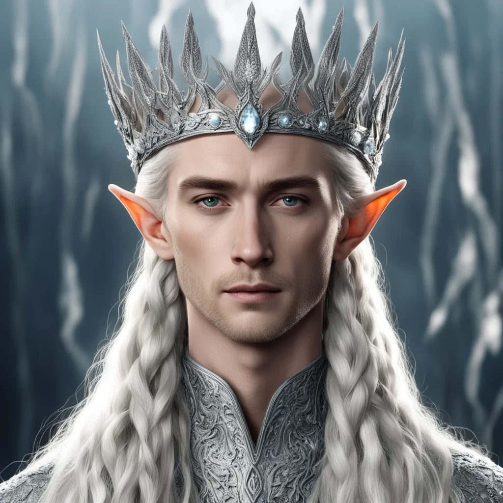 aiking thranduil with blonde hair and braids wearing silver flowers encrusted with diamonds forming a silver elvish crown with large center diamond  confident engaging wow artstation art 3