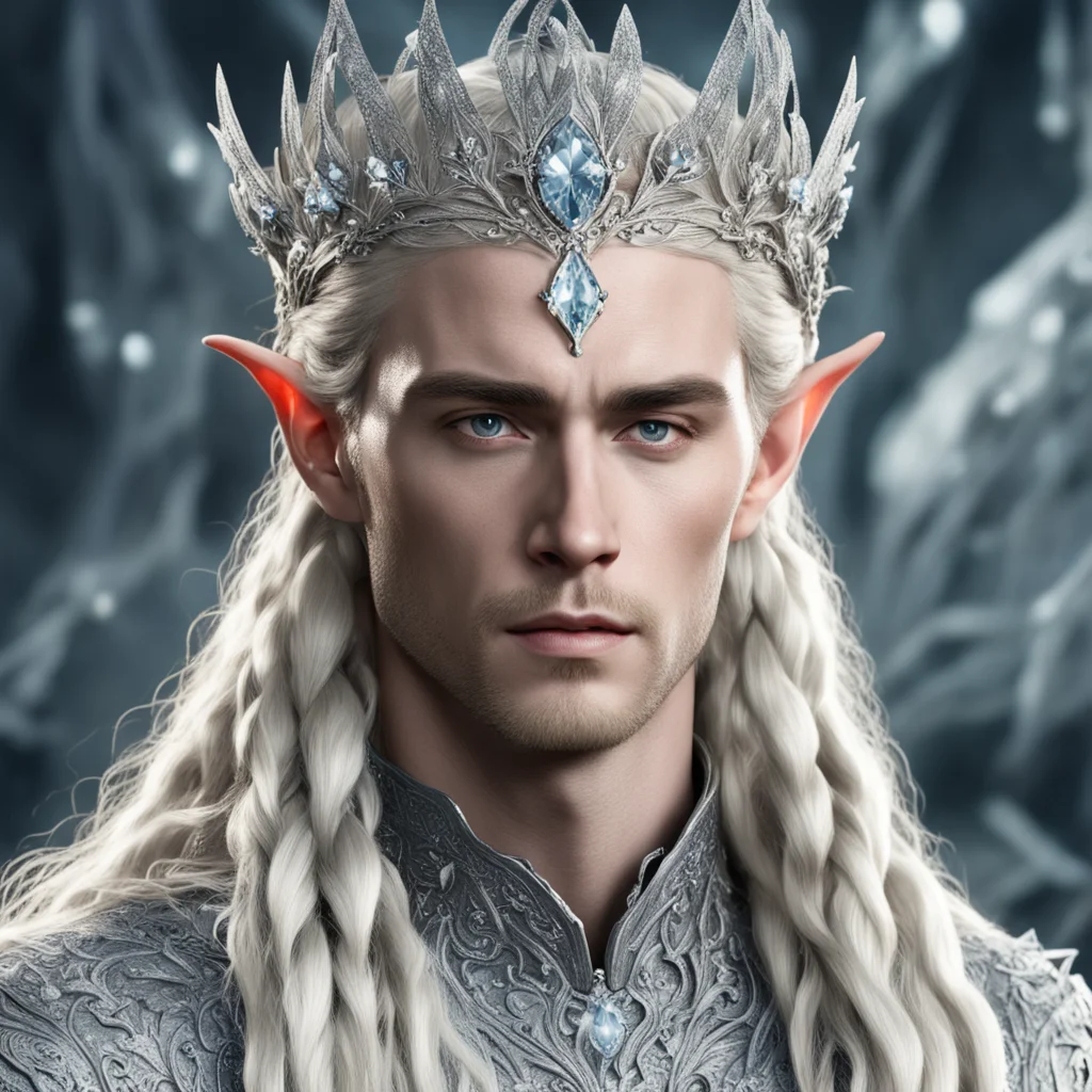 aiking thranduil with blonde hair and braids wearing silver flowers encrusted with diamonds forming a silver elvish crown with large center diamond  good looking trending fantastic 1