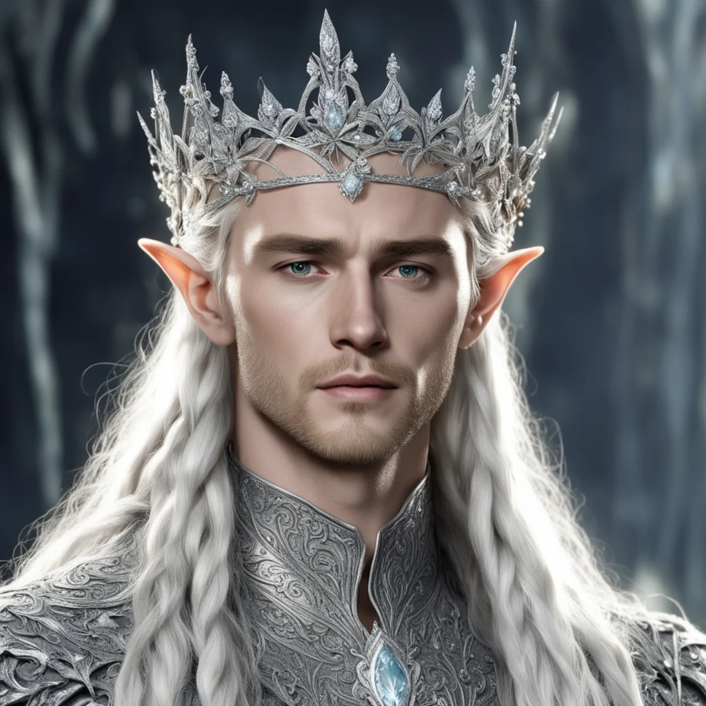 aiking thranduil with blonde hair and braids wearing silver flowers encrusted with diamonds forming a silver elvish crown with large center diamond 