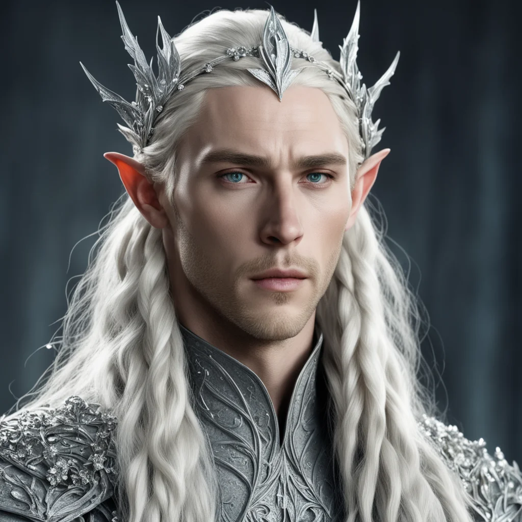 king thranduil with blonde hair and braids wearing silver holly encrusted with diamonds and large diamond clusters forming a silver elvish circlet with large center diamond amazing awesome portrait 